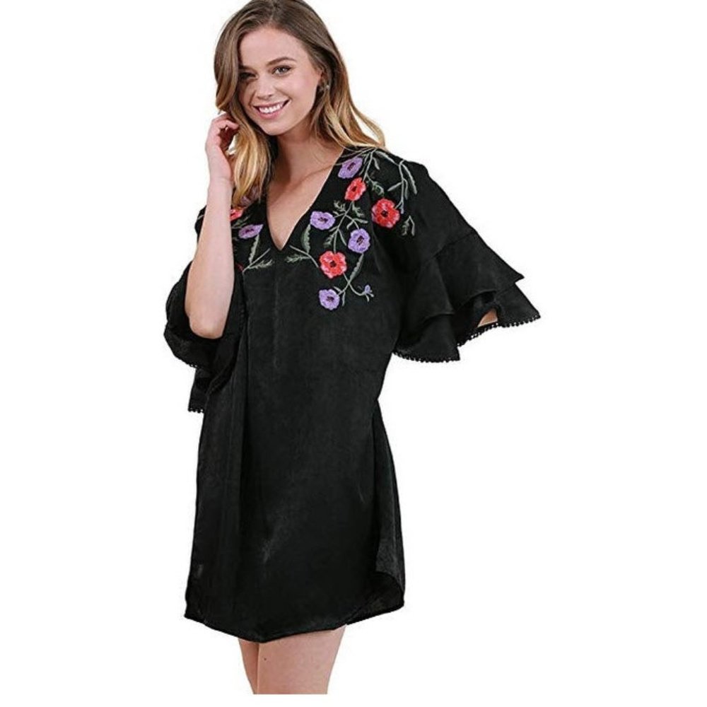 Umgee Floral Embroidered & Layered Sleeve Dress, Black